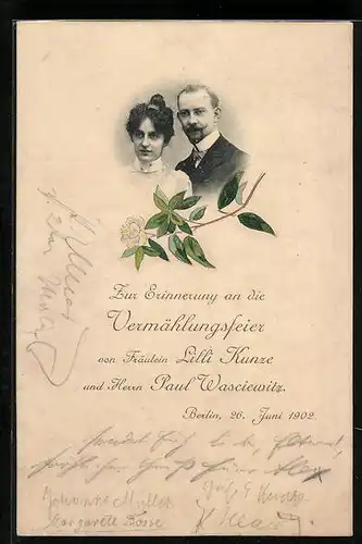 Präge-AK Berlin, Zur Erinnerung an die Vermählungsfeier von Lilli Kunze und Paul Wasciewitz, 1902
