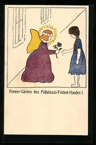 AK Kinder-Gärten des Pestalozzi-Fröbel-Hauses I, Kind gibt Engel eine Rose