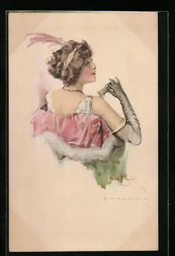 Künstler-AK Dame in eleganter Kleidung mit einem Fernglas