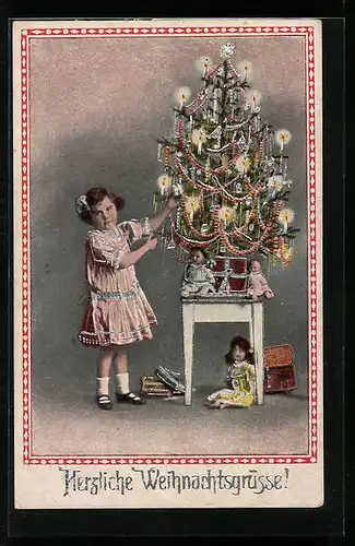 AK Mädchen am Weihnachtsbaum mit Puppen