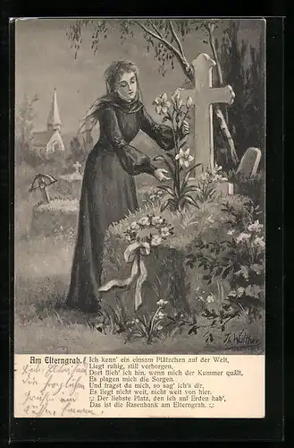 AK Frau steht am Elterngrab