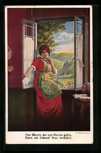 AK Junge Frau in Tracht sitzt am Fenster