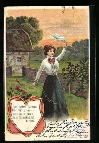 AK Junge Frau winkt mit einem Taschentuch