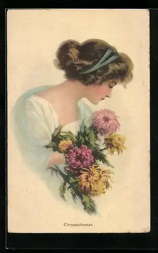 AK Junge hübsche Frau mit Chrysanthemen