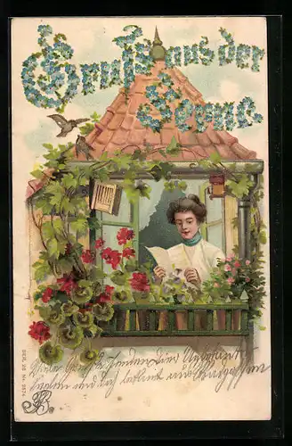 Präge-AK Gruss aus der Senne, Frau am Fenster liest einen Brief
