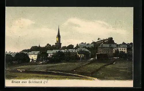 AK Schöneck i. V., Ortspartie mit Kirche