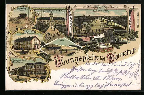 Lithographie Darmstadt, Baracken Lager, Post & Wacht-Commando, Übungsplatz