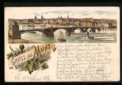 Lithographie Mainz, Totalansicht mit Fluss und Dampfern