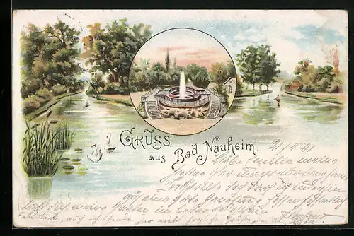 Lithographie Bad Nauheim, Flusspartie mit Schwänen, Brunnen