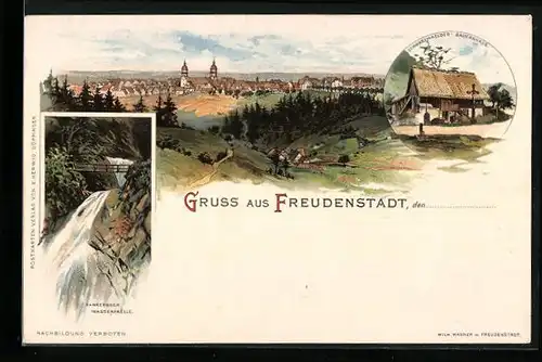 Lithographie Freudenstadt, Schwarzwaelder Bauernhaus, Sankenbach-Wasserfälle
