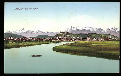 AK Laibach, Orts- und Gebirgspanorama mit Fluss