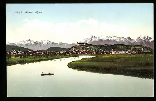 AK Laibach, Ortspanorama mit Steiner Alpen