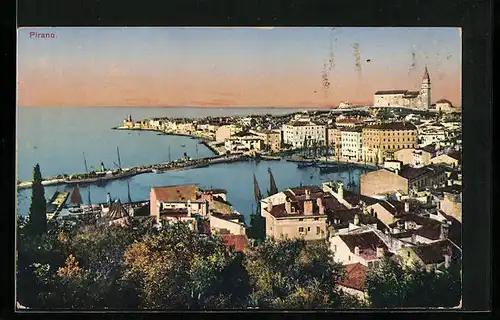 AK Pirano, Ortsansicht mit Hafen