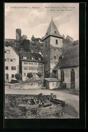 AK Hirschhorn a. Neckar, Alter Stadtturm, Katholische Kirche und Blick auf das Schloss