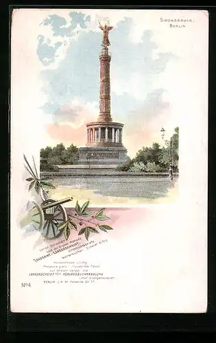 Lithographie Berlin-Tiergarten, Siegessäule, Kanone, Reklame für Toussaint-Langenscheidt Unterrichtsbriefe