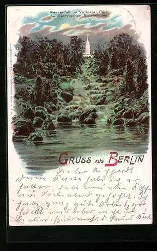 Lithographie Berlin-Kreuzberg, Wasserfall im Victoria-Park bei elektrischer Beleuchtung