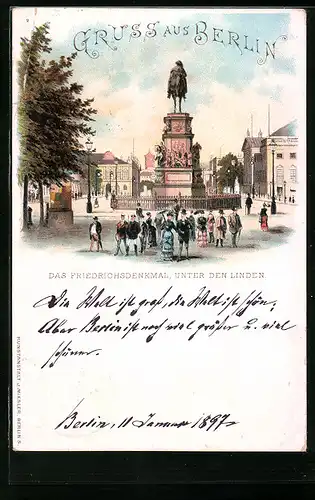 Lithographie Berlin, Das Friedrichsdenkmal Unter den Linden