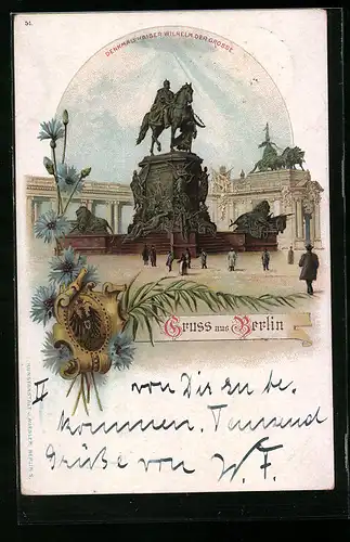 Lithographie Berlin, Denkmal Kaiser Wilhelm der Grosse