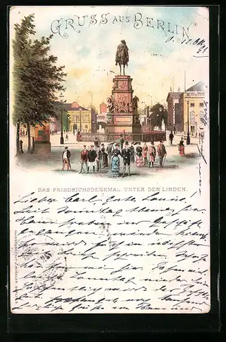 Lithographie Berlin, Das Friedrichsdenkmal Unter den Linden