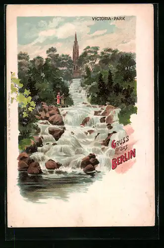 Lithographie Berlin-Kreuzberg, Wasserfall im Victoria-Park