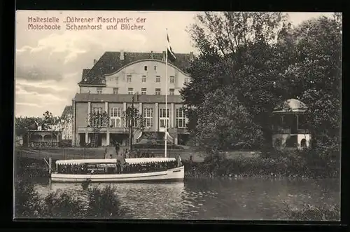 AK Hannover, Haltestelle Döhrener Maschpark der Motorboote Scharnhorst und Blücher