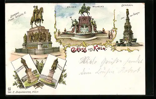 Lithographie Köln, Kaiser Wilhelm I., Moltke-Denkmal, Bismarck-Denkmal