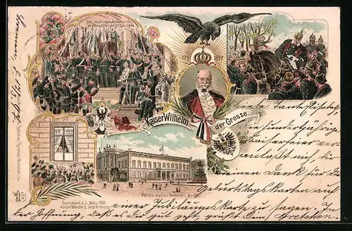 Lithographie Kaisergeburtstag 1897, Portrait des Kaisers, Proklamation in Versailles, Palais in Berlin