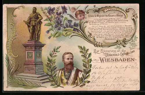 Lithographie Wiesbaden, Anlasskarte Enthüllung des Denkmals Friedrich Wilhelm III., Portrait, Engelsköpfe
