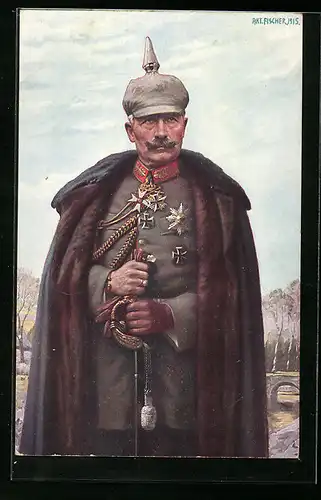 AK Kaiser Wilhelm II. mit Pickelhaube und Mantel