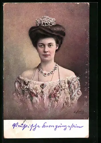 Künstler-AK Kronprinzessin Cecilie im Portrait mit Krone und reich verziertem Kleid