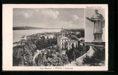 AK Arona, Lago Maggiore, Panorama, Monumento S. Carlo