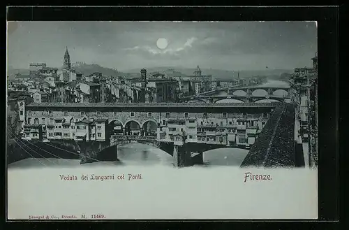 Mondschein-AK Firenze, Veduta dei Lungarni coi Ponti