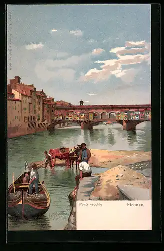 Künstler-AK Firenze, Ponte Vecchio, Schiffe am Ufer mit Blick zur Brücke