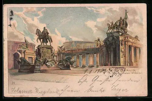 Lithographie Berlin, vor dem Denkmal Kaiser Wilhelm I.