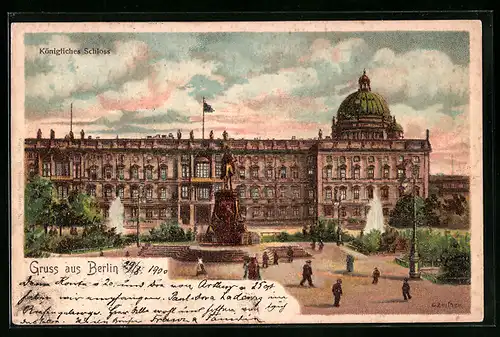 Lithographie Berlin, Denkmal vor dem Königlichen Schloss