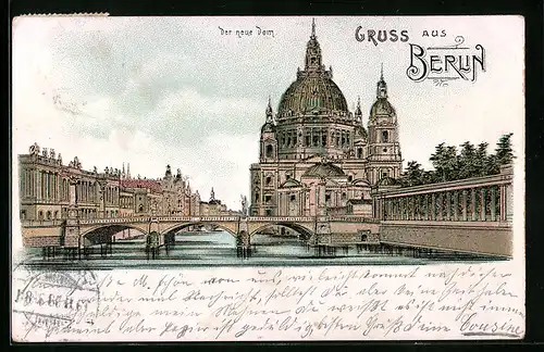 Lithographie Berlin, Blick über die Brücke auf den neuen Dom