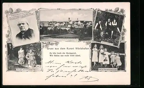 AK Wörishofen, Totalansicht vom Kneippianum aus, Damen wassergehend, Kleine Kneippianerinnen