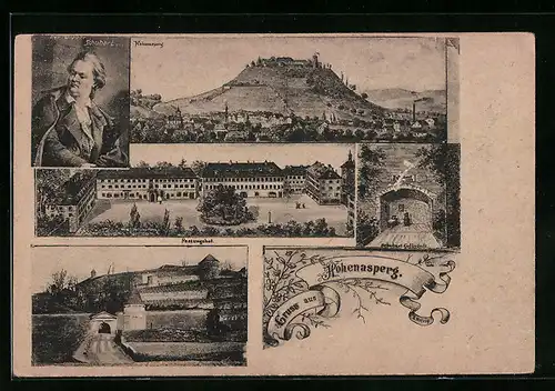 AK Hohenasperg, Generalansicht, Blick in den Festungshof, Schubert Gefängnis, Schubert-Portrait
