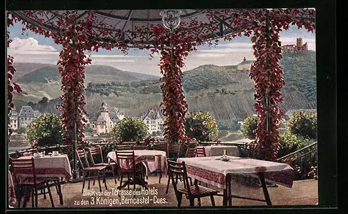 Künstler-AK Berncastel-Cues, Blick von der Terrasse des Hotels zu den 3 Königen