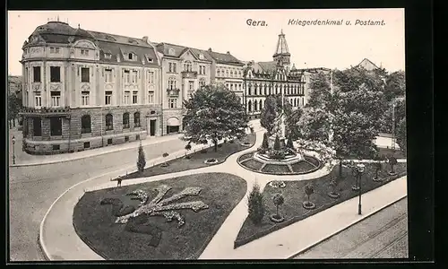 AK Gera, Postamt und Kriegerdenkmal