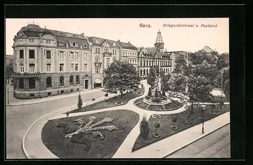 AK Gera, Blick auf das Kriegerdenkmal vor dem Postamt