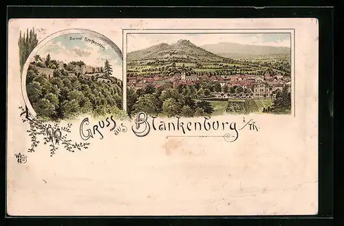 Lithographie Blankenburg i. Th., Generalansicht, Blick auf die Ruine Greifenstein
