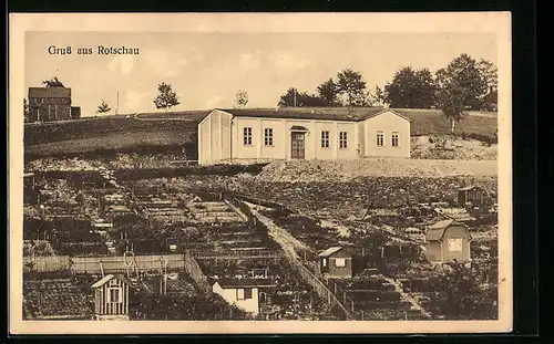 AK Rotschau, Blick auf den hang mit dem Wohnhaus auf dem Berg, Turnhalle des Turnverein Vorwärts E.V.