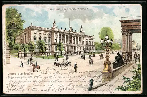 Lithographie Berlin, Passanten vor dem neuen Abgeordnetenhaus