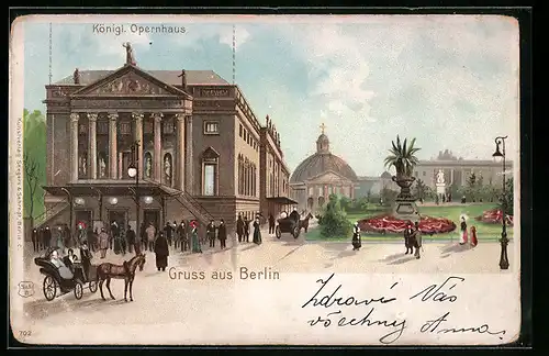 Lithographie Berlin, Passanten vor dem Königl. Opernhaus