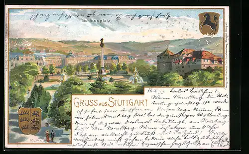 Lithographie Stuttgart, Blick auf den Schlossplatz, goldenes Wappen