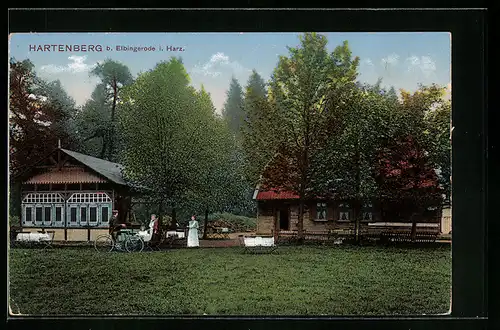AK Hartenberg bei Elbingerode i. Harz, Fahrradfahrer im Garten des Landhaus