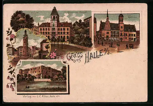 Lithographie Halle a.S., das kaiserliche Postamt, das Rathaus und die Moritzburg