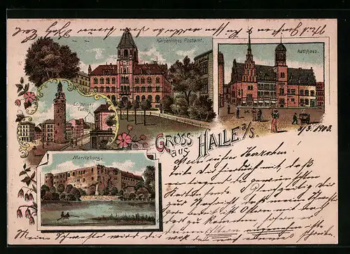 Lithographie Halle a.S., die Moritzburg, der leipziger Turm, das kaiserl. Postamt