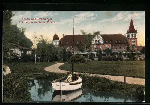 AK Dreibergen am Zwischenahner Meer, kleines Segelboot Pirat am Ufer, Parkanlagen